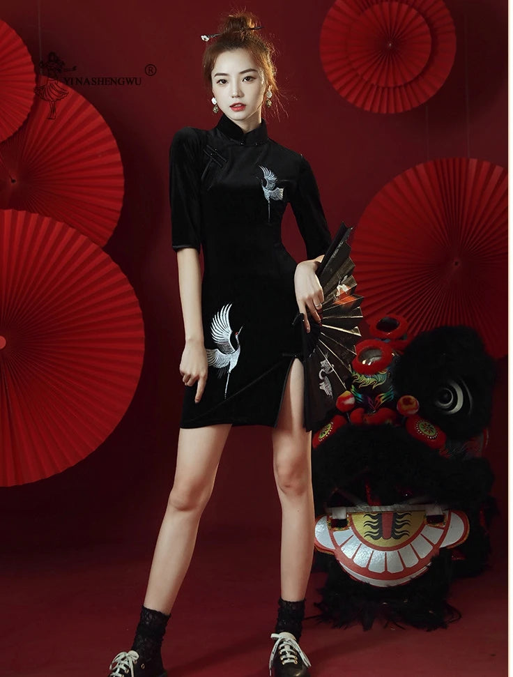 Chinese Cheongsam Short Dress Qipao New Year For Women Solid Party Wedding Crane Embroidery Sexy Fashion Elegant Chinese Style - Seprincess