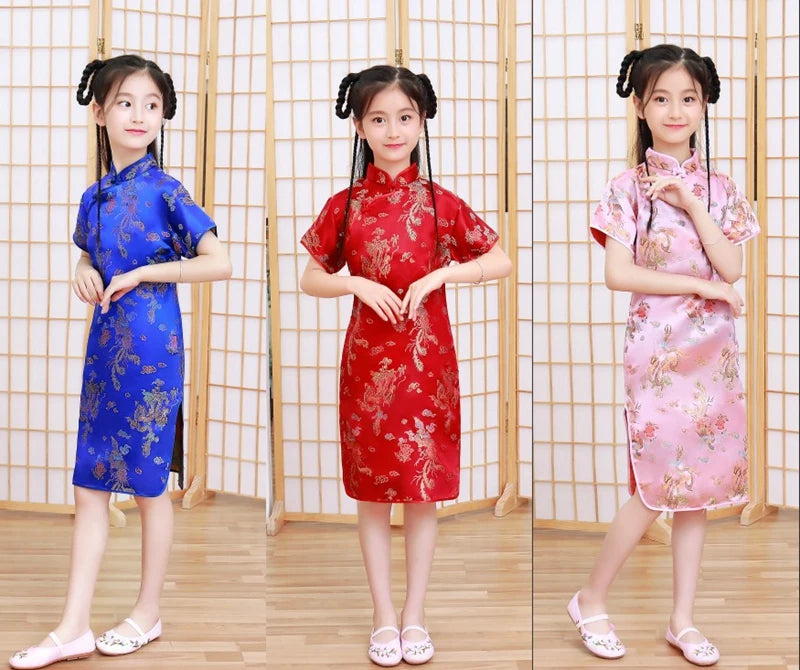 Lovely Girls Silky Satin cheongsam Dress Cute Princess Girls Dresses Kids Party Ball Gown Dress New Year cheongsam Clothing - Seprincess