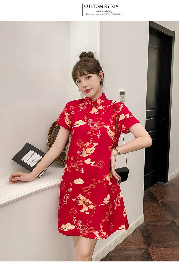 M-4XL 2022 New Year Red Summer Trend Street Fashion Modern Cheongsam A-line Dress Women Qipao Traditional Chinese Clothes - Seprincess