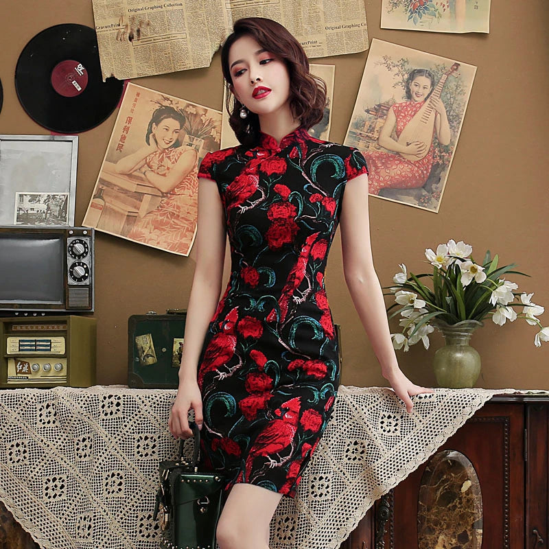 Black Red Nightingale Chinese Cheongsam Dress Stretch Cotton And Linen Chipao 5xl 4xl Sexy Traditional Vintage Qipao - Seprincess