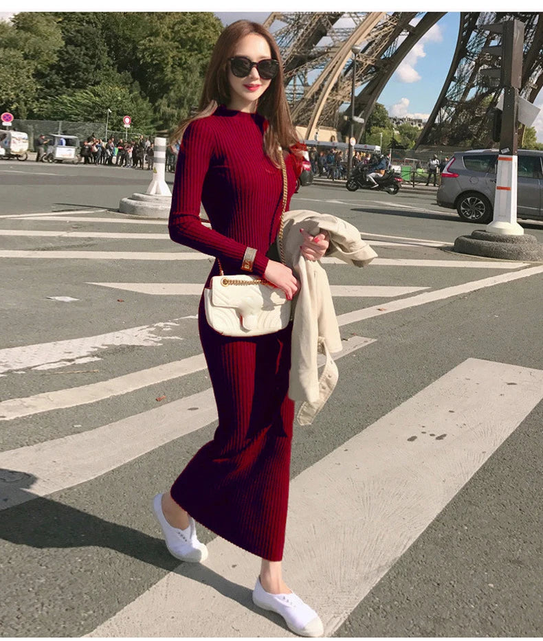 Winter Warm Slim Pullovers Sweater Dress Fashion Knitting Cotton Dress Women Long Sleeve O-neck Sheath Ankle-Length Dress - Seprincess