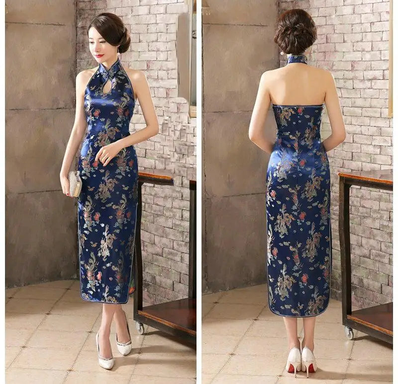 Navy Blue Mandarin Collar Women Chinese Dress Backless Long Satin Qipao Vintage Button Sexy Cheongsam Novelty Stage Show Clothes