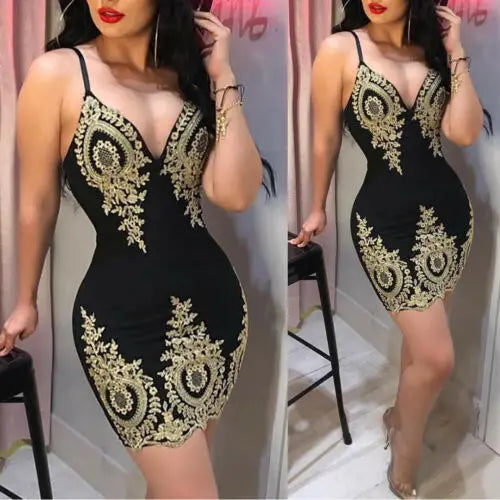 Women's Bandage Bodycon V-neck Sleeveless Embroidery Sexy arrival Dress Evening Party Club Short Mini Dress - Seprincess