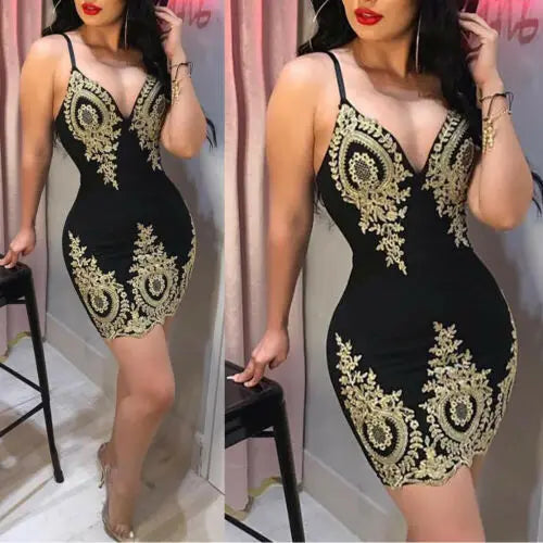 Women's Bandage Bodycon V-neck Sleeveless Embroidery Sexy arrival Dress Evening Party Club Short Mini Dress - Seprincess