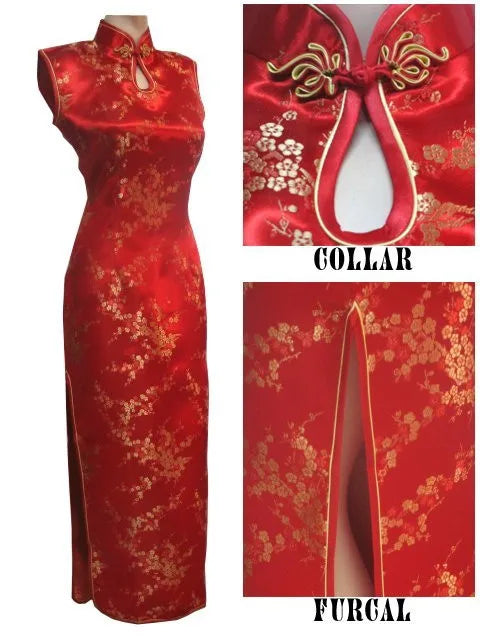 Black-Red Traditional Chinese Dress Women's Satin Long Halter Cheongsam Qipao Mujere Vestido Flower Size S M L XL XXL XXXL J3035 - Seprincess