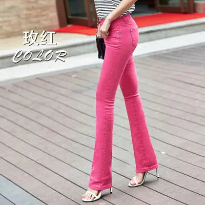 Women's White 80% Cotton Flare Denim Pants Mom's Fomal Skinny Stretch Jeans Trend Candy Color Slim Cowboy Trousers OL Pantalones