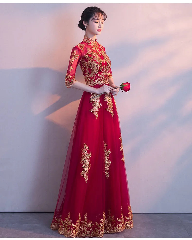 Novelty Chinese Female Long Qipao Marriage Clothes RED Oriental Bride Wedding Dress Elegant Slim Mandarin Collar Cheongsam - Seprincess