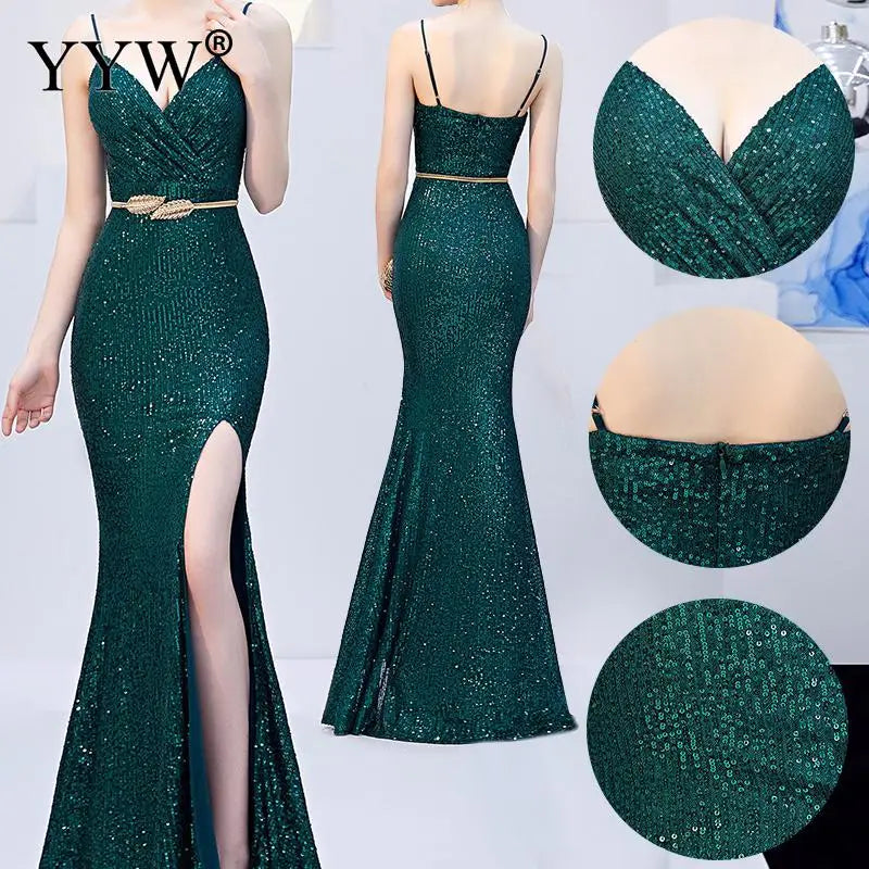 Sexy Sequined Evening Dress Robe De Soiree 2021 V-Neck Sleeveless Backless Mermaid Long Robe Side Slit Off Shoulder Party Dress - Seprincess