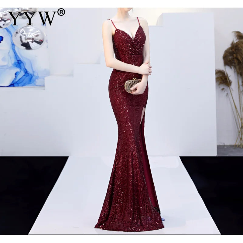 Sexy Sequined Evening Dress Robe De Soiree 2021 V-Neck Sleeveless Backless Mermaid Long Robe Side Slit Off Shoulder Party Dress - Seprincess