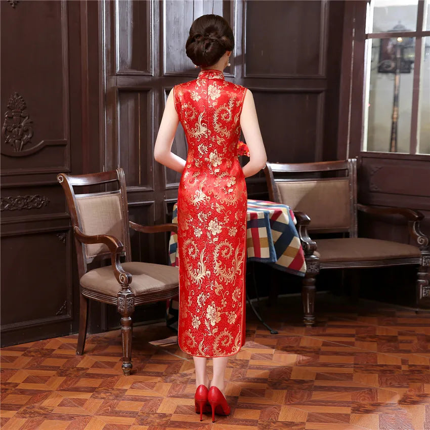 Elegant Red Wedding Dress Traditional Chinese Women Satin Sleeveless Cheongsam Vintage Long Dresses Sexy Slim Qipao Vestidos - Seprincess