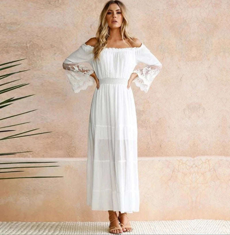 TEELYNN boho dress white sexy off the shoulder beach sundress Flare long sleeve splice lace women dresses summer vestidos - Seprincess