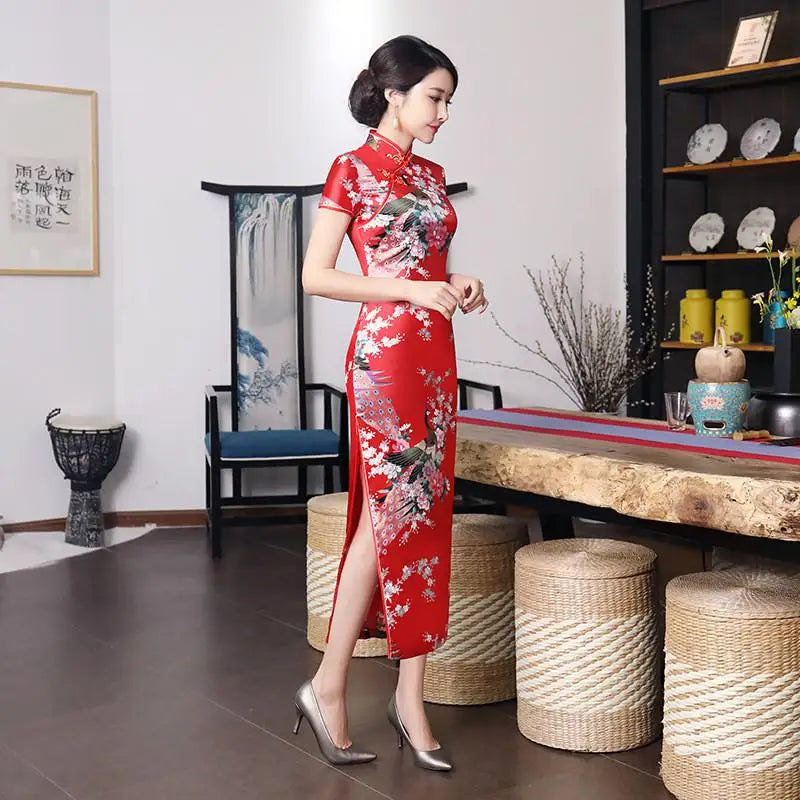 Spring Autumn New Cheongsam Chinese Women Flower&Peacock Qipao Long Sleeve Vestidos Vintage Female Evening Wedding Dress S-3XL