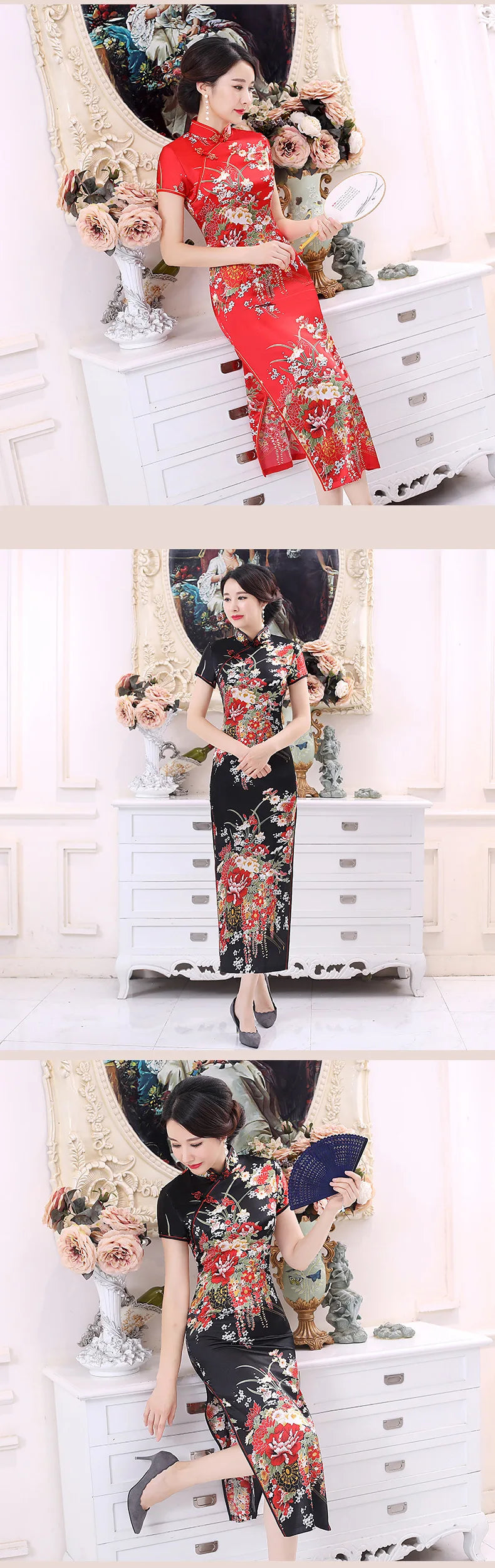 Plus Size 6XL Chinese Women Cheongsam Lady Qipao BLACK Print Flower Long Dress Bride Wedding Dresses Elegant Gown Vestidos - Seprincess