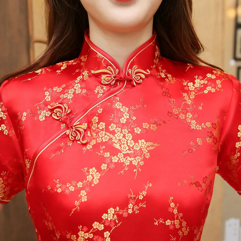 Red Chinese Women Dress Vintage Satin Qipao Sexy Long Slim Cheongsam Hot Sale Flower Dress Size S M XL XXL 3X4XL 5XL 6XL JA13 - Seprincess