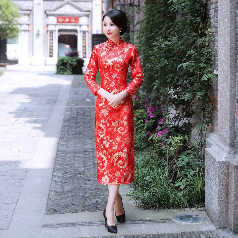 Elegant Red Wedding Dress Traditional Chinese Women Satin Sleeveless Cheongsam Vintage Long Dresses Sexy Slim Qipao Vestidos - Seprincess