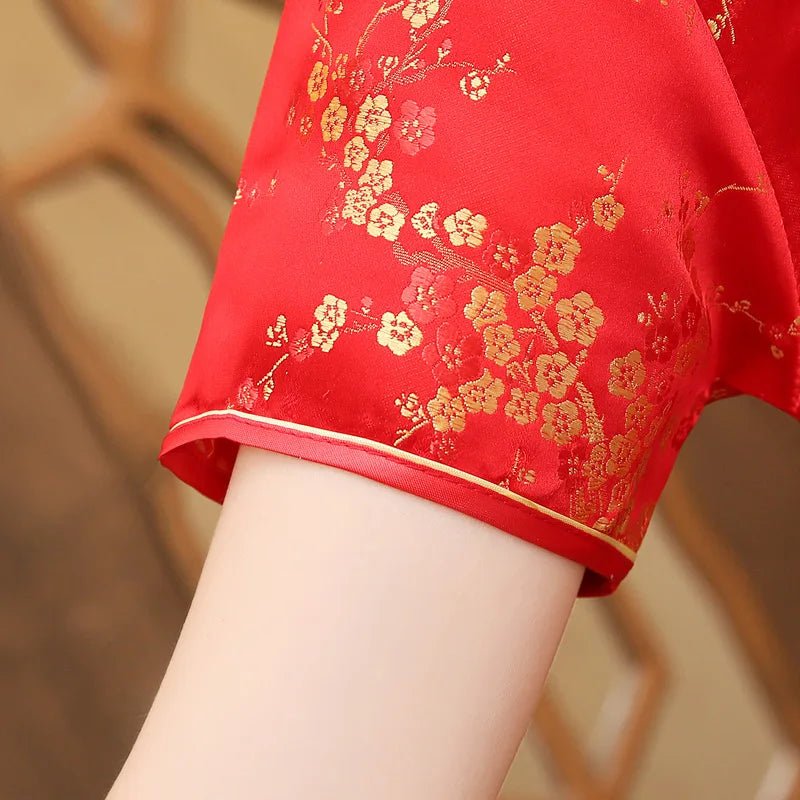 Red Chinese Women Dress Vintage Satin Qipao Sexy Long Slim Cheongsam Hot Sale Flower Dress Size S M XL XXL 3X4XL 5XL 6XL JA13 - Seprincess