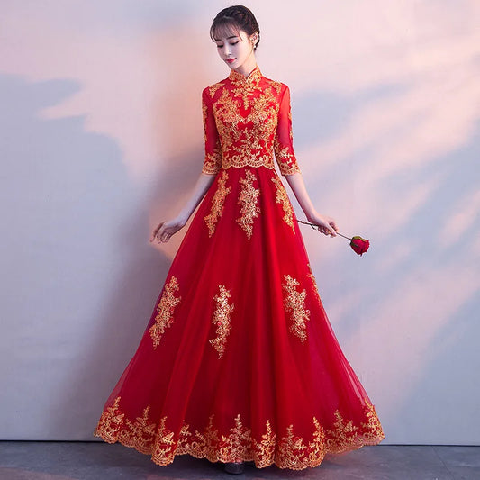 Novelty Chinese Female Long Qipao Marriage Clothes RED Oriental Bride Wedding Dress Elegant Slim Mandarin Collar Cheongsam - Seprincess