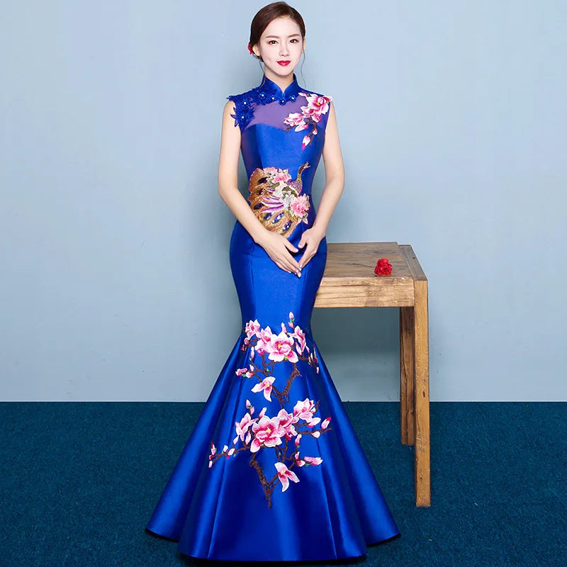 Mermaid Tail Asian style Short Sleeve Fashion Red Embroidery Bride Wedding Qipao Long Cheongsam Chinese Traditional Dress Retro - Seprincess