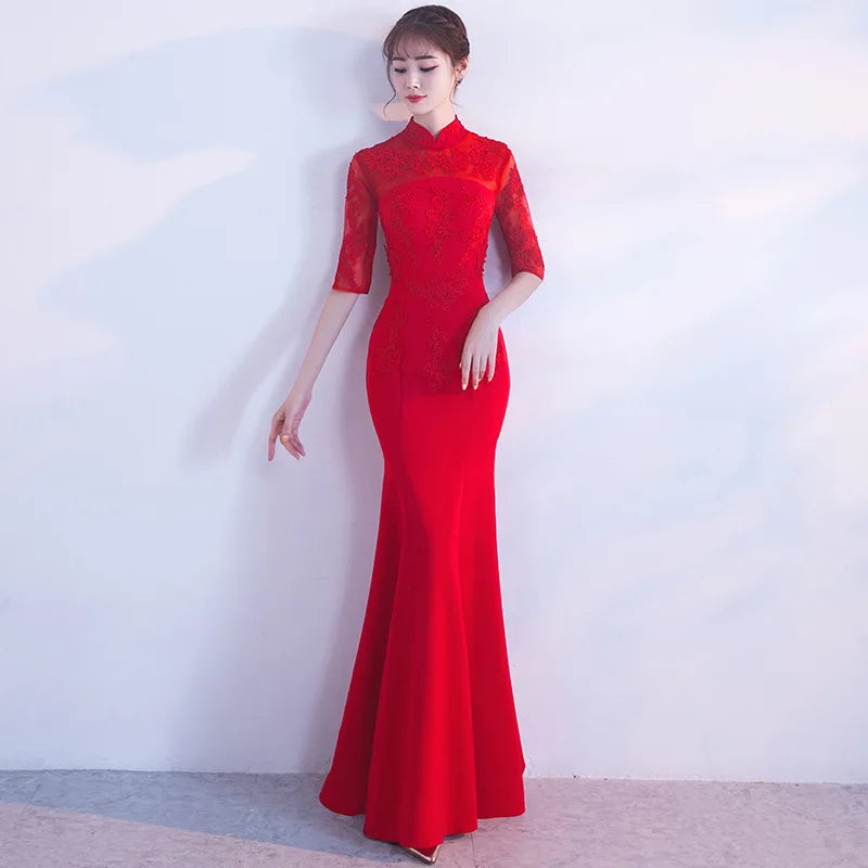 Red Traditional Chinese Wedding Gown Cheongsam Long Qipao Bride Traditions Classic Women Dress Oriental Dresses Size S-3XL - Seprincess