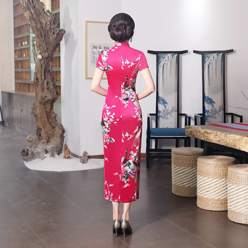 Spring Autumn New Cheongsam Chinese Women Flower&Peacock Qipao Long Sleeve Vestidos Vintage Female Evening Wedding Dress S-3XL