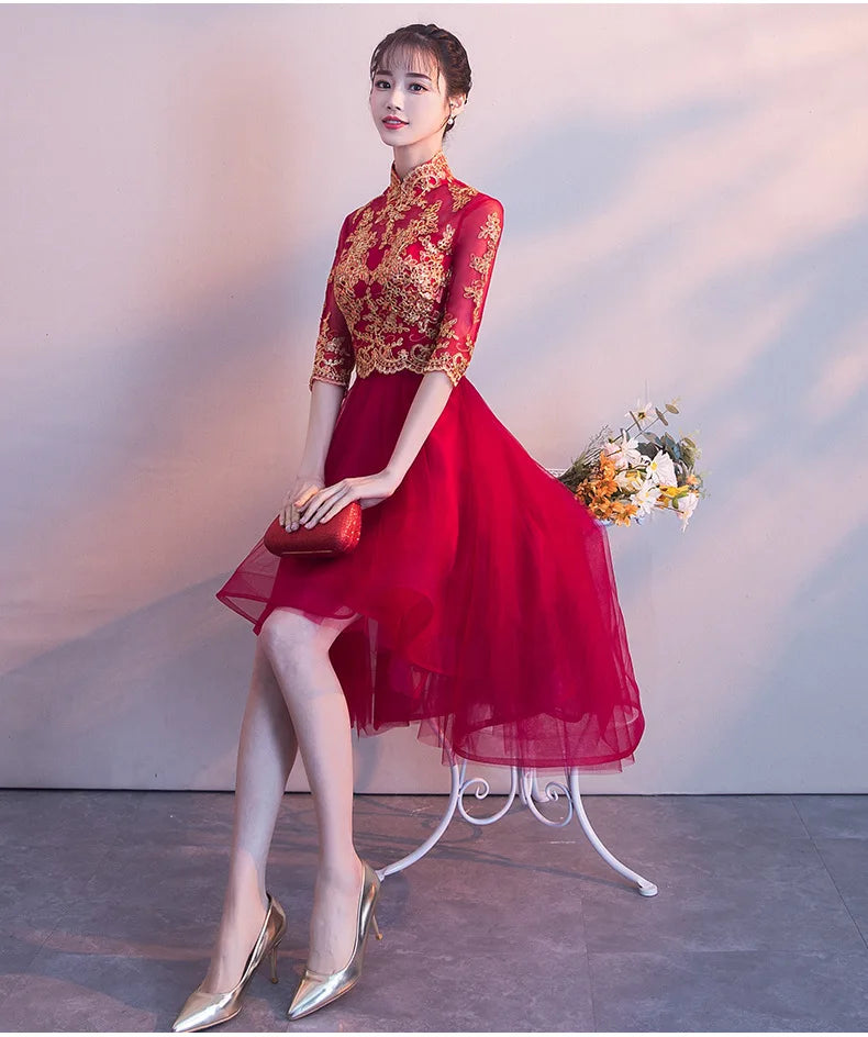 Novelty Chinese Female Long Qipao Marriage Clothes RED Oriental Bride Wedding Dress Elegant Slim Mandarin Collar Cheongsam - Seprincess