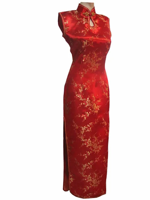 Black-Red Traditional Chinese Dress Women's Satin Long Halter Cheongsam Qipao Mujere Vestido Flower Size S M L XL XXL XXXL J3035 - Seprincess