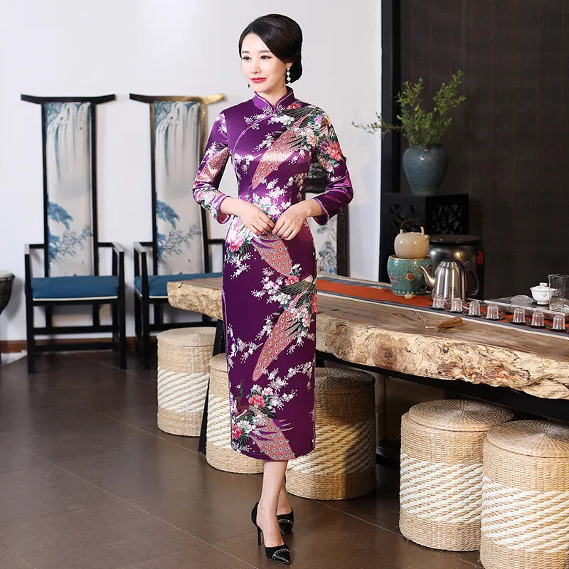 Spring Autumn New Cheongsam Chinese Women Flower&Peacock Qipao Long Sleeve Vestidos Vintage Female Evening Wedding Dress S-3XL - Seprincess