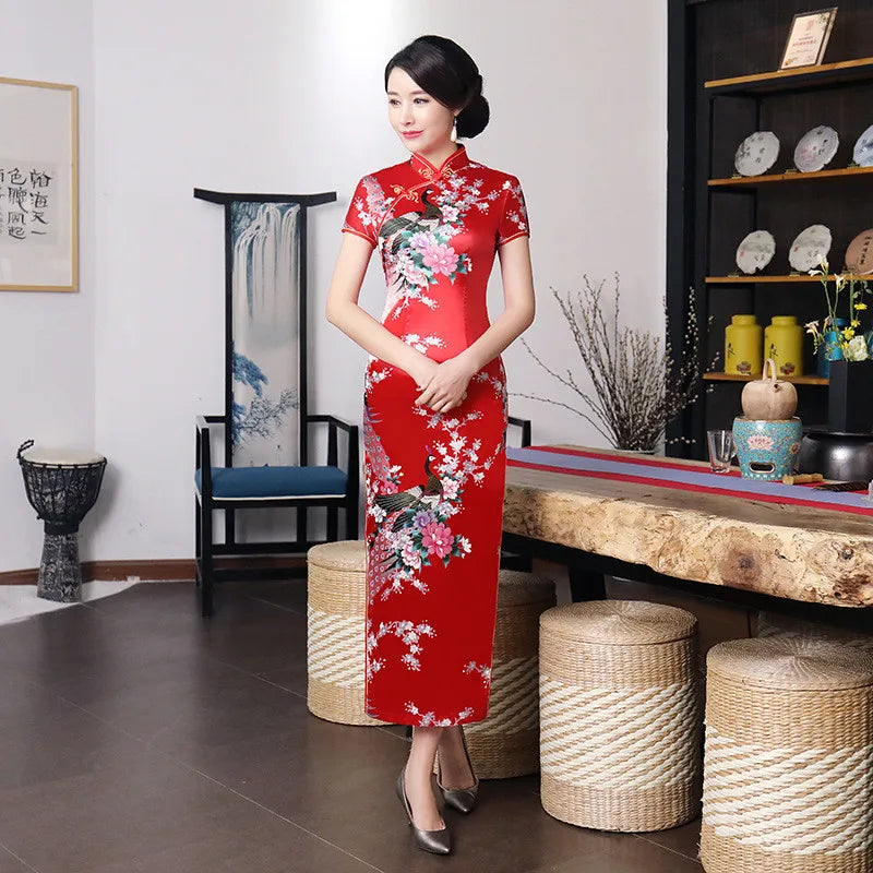 Spring Autumn New Cheongsam Chinese Women Flower&Peacock Qipao Long Sleeve Vestidos Vintage Female Evening Wedding Dress S-3XL