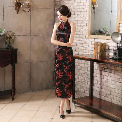 Navy Blue Vintage Lady Satin Evening Dress Chinese Novelty Backless Cheongsam Qipao Flower Size S M L XL XXL XXXL - Seprincess