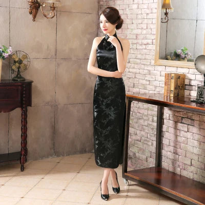 Navy Blue Vintage Lady Satin Evening Dress Chinese Novelty Backless Cheongsam Qipao Flower Size S M L XL XXL XXXL - Seprincess