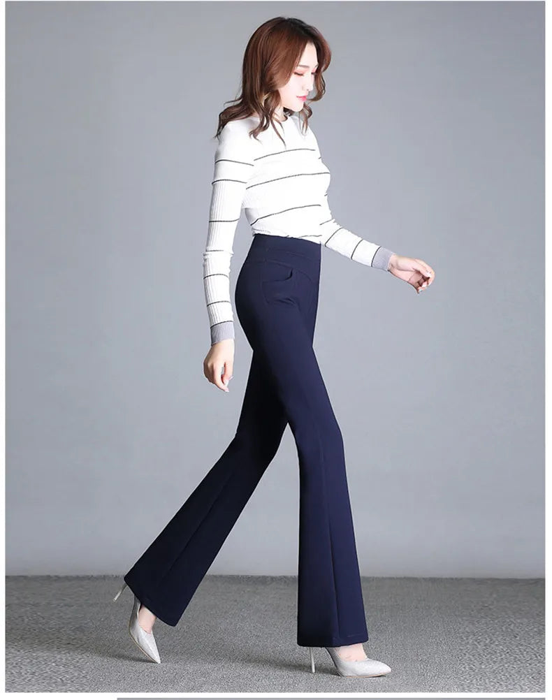 New Women's Autumn Spring Tight Flare Pants Red High Waist  Blue Elastic Band Trousers Fashion Casual Stretch Pants 6XL