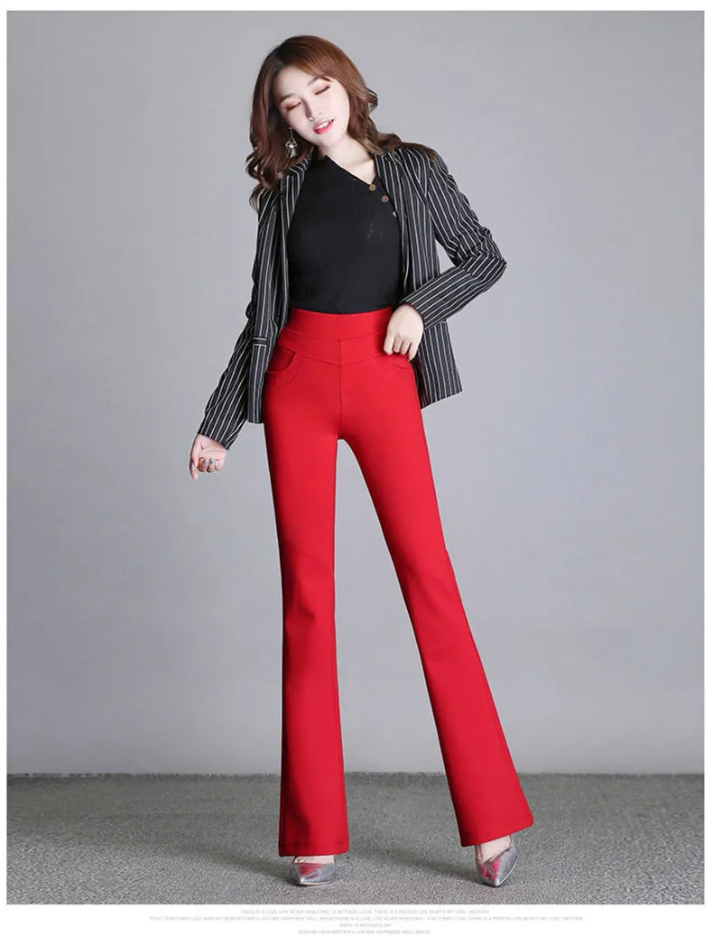 New Women's Autumn Spring Tight Flare Pants Red High Waist  Blue Elastic Band Trousers Fashion Casual Stretch Pants 6XL