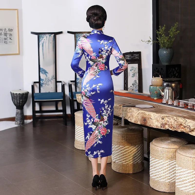 Spring Autumn New Cheongsam Chinese Women Flower&Peacock Qipao Long Sleeve Vestidos Vintage Female Evening Wedding Dress S-3XL - Seprincess