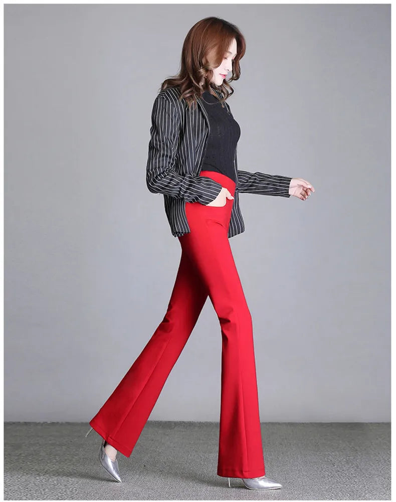 New Women's Autumn Spring Tight Flare Pants Red High Waist  Blue Elastic Band Trousers Fashion Casual Stretch Pants 6XL