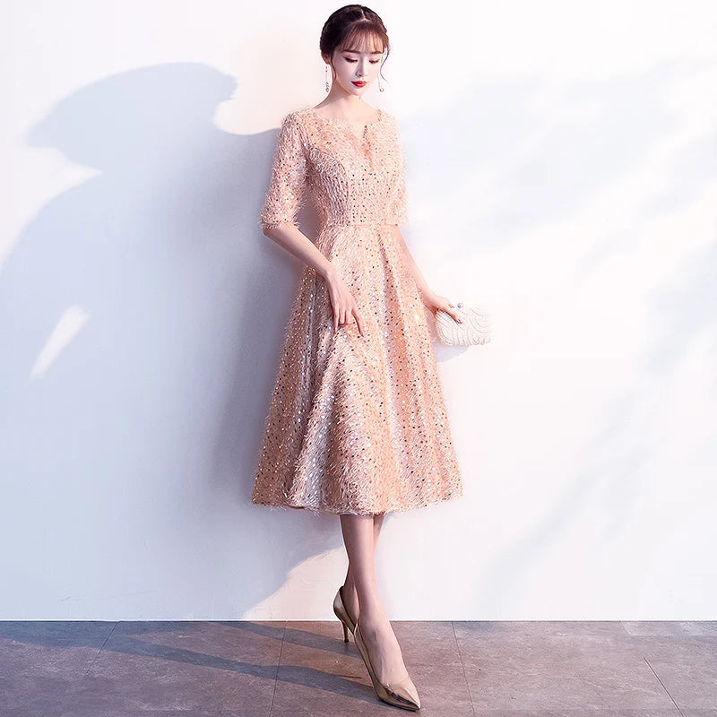 weiyin Robe De Soriee Elegant Gold Evening Dress Lace Half Sleeves A-line Evening Dresses Banquet Party Formal Prom Dress WY1156 - Seprincess