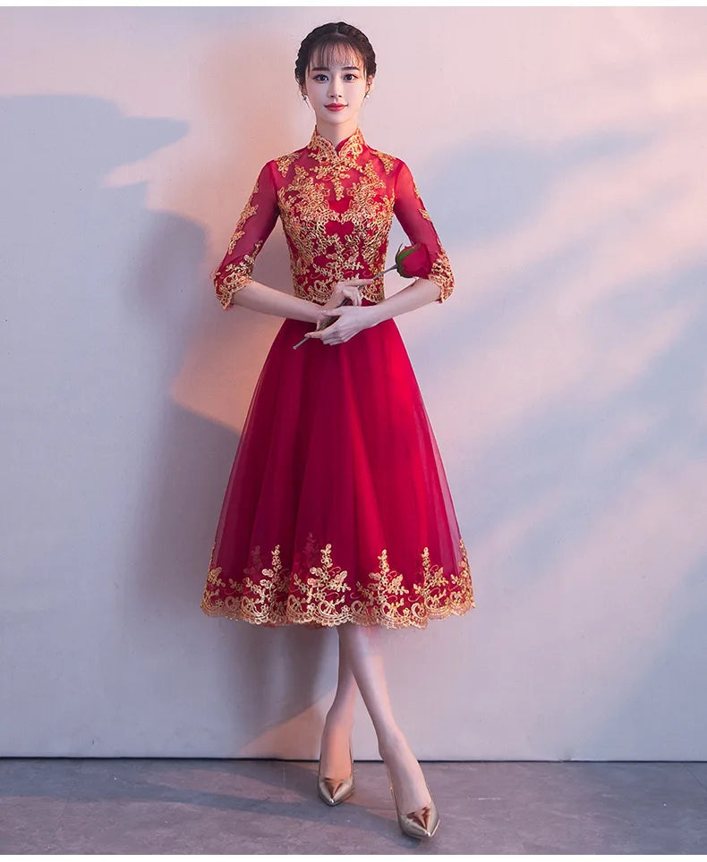 Novelty Chinese Female Long Qipao Marriage Clothes RED Oriental Bride Wedding Dress Elegant Slim Mandarin Collar Cheongsam - Seprincess