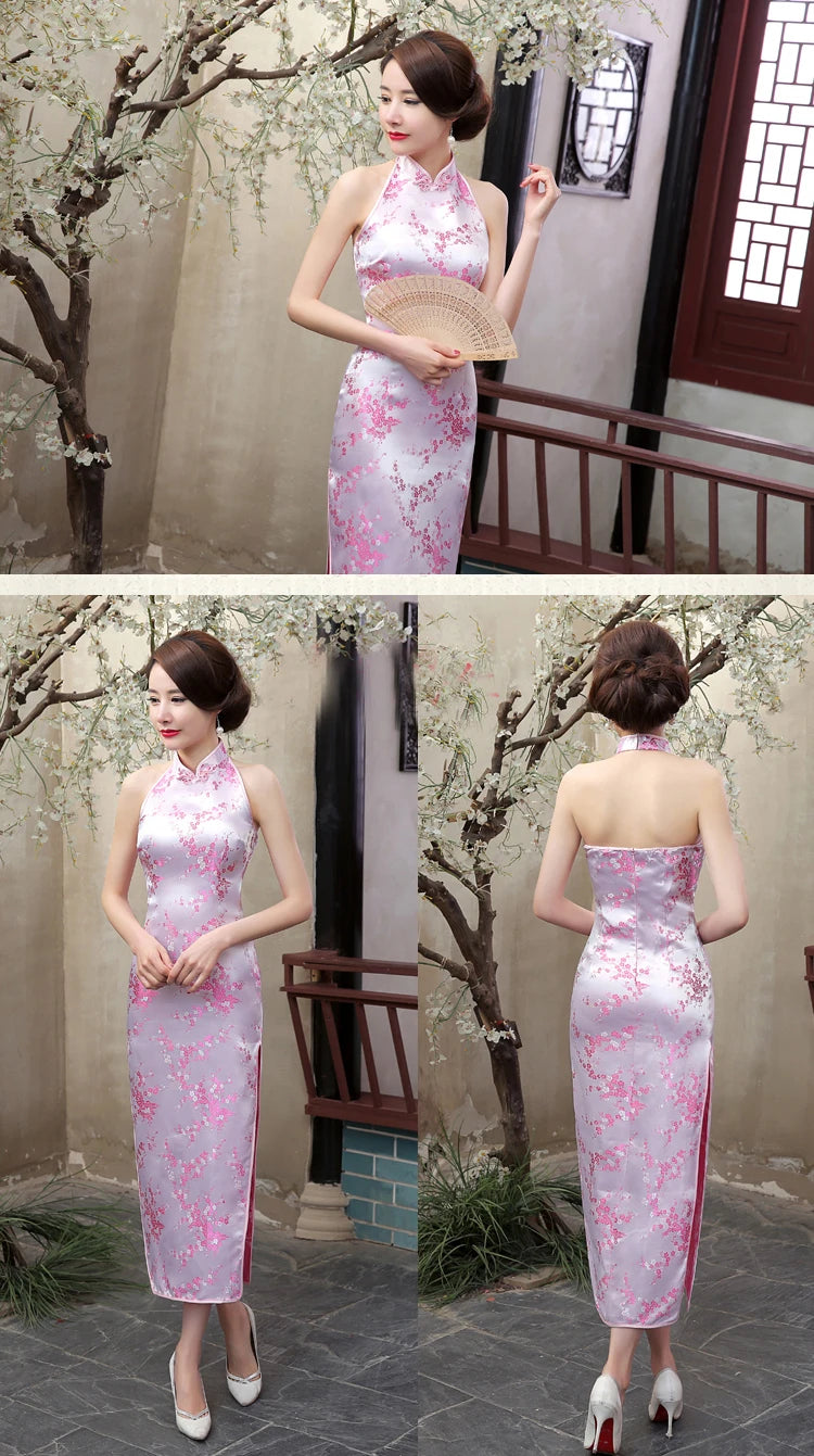 Navy Blue Vintage Lady Satin Evening Dress Chinese Novelty Backless Cheongsam Qipao Flower Size S M L XL XXL XXXL - Seprincess