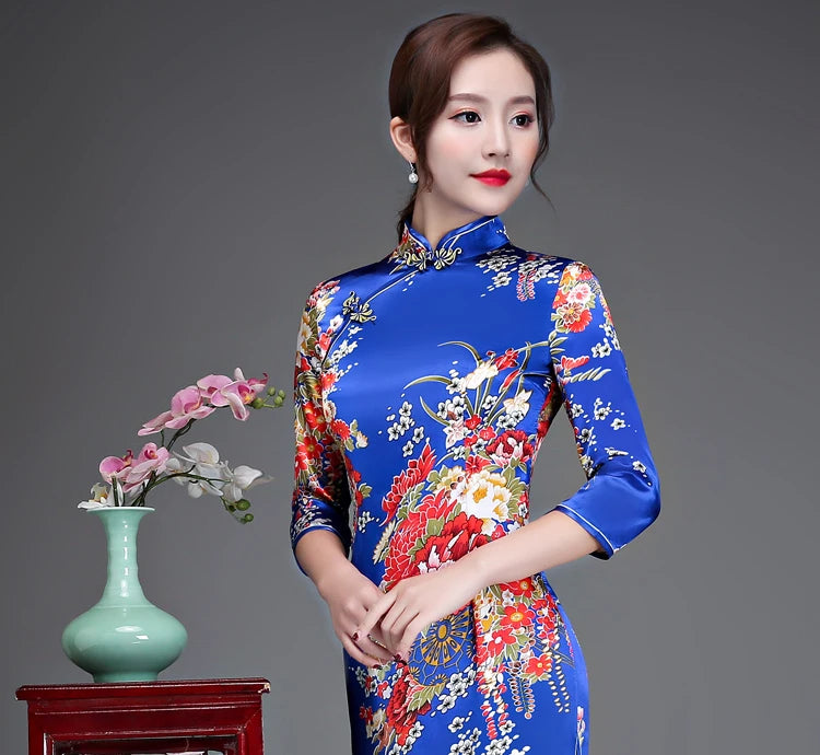 Old Shanghai Elegant Women Satin Qipao Slim 3/4 Sleeve Long Dress New Traditional Chinese Mandarin Collar Cheongsam Vestidos - Seprincess