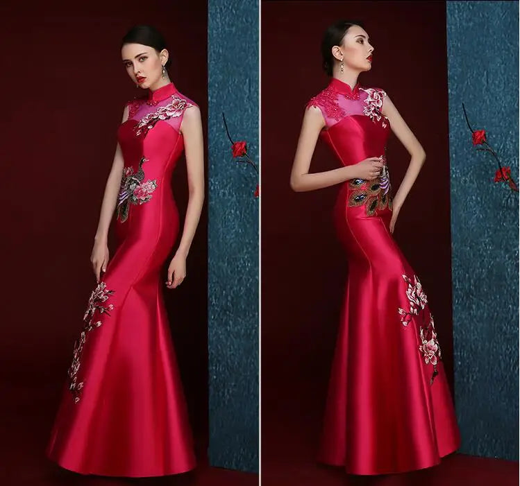 Mermaid Tail Asian style Short Sleeve Fashion Red Embroidery Bride Wedding Qipao Long Cheongsam Chinese Traditional Dress Retro - Seprincess