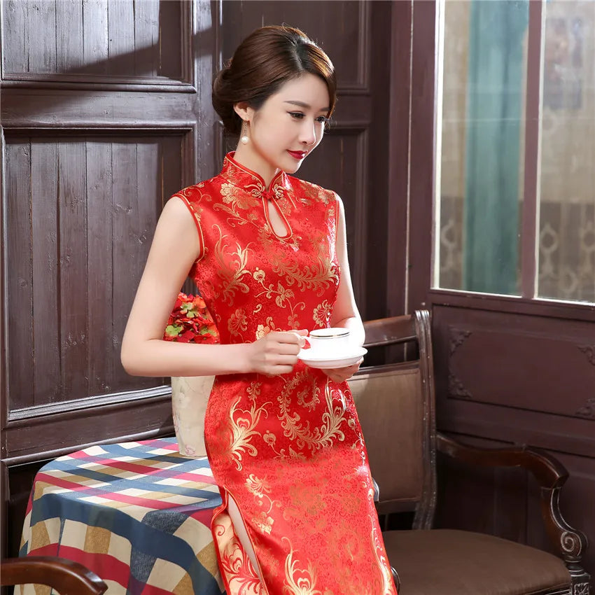 Elegant Red Wedding Dress Traditional Chinese Women Satin Sleeveless Cheongsam Vintage Long Dresses Sexy Slim Qipao Vestidos - Seprincess