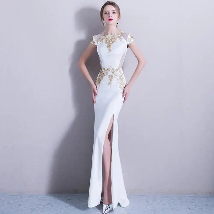 BANVASAC 2020 Crystal O Neck Gold Lace Appliques Split Mermaid Long Evening Dresses Party Short Cap Sleeve Prom Gowns - Seprincess