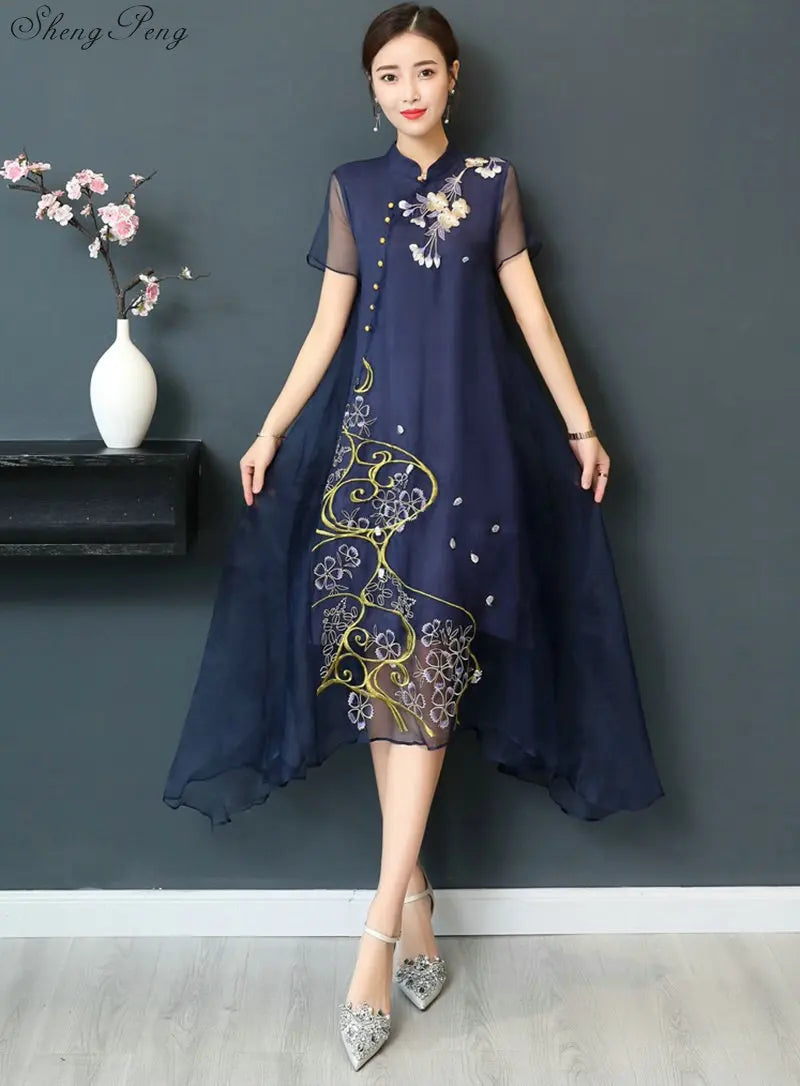 New Qipao Long Cheongsams Dress Chinese Traditional Dress Summer Flowers Vintage Dress Oriental Robes V922 - Seprincess