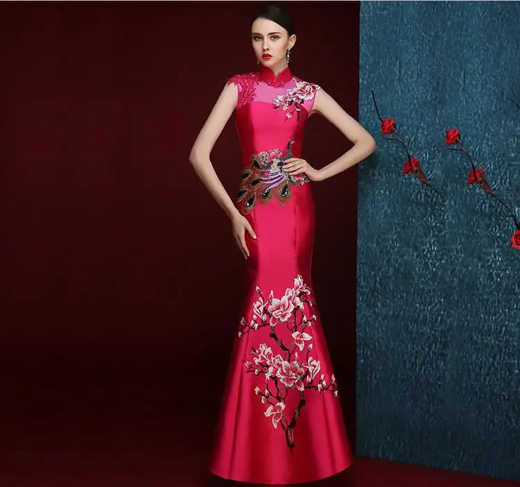 Mermaid Tail Asian style Short Sleeve Fashion Red Embroidery Bride Wedding Qipao Long Cheongsam Chinese Traditional Dress Retro