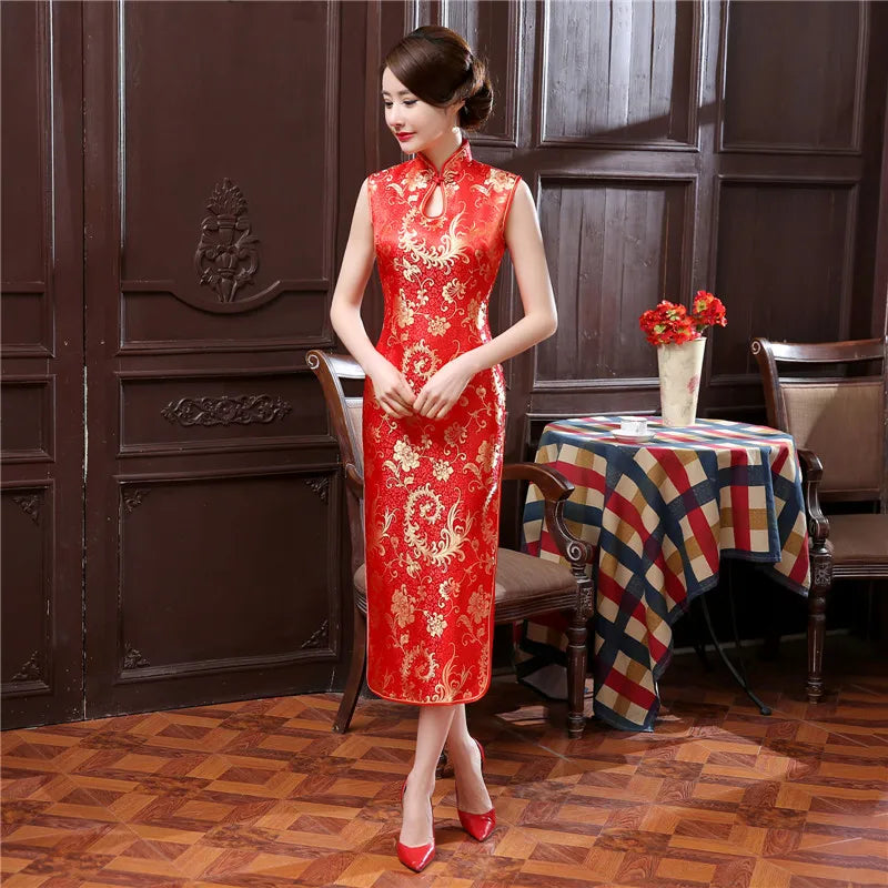 Elegant Red Wedding Dress Traditional Chinese Women Satin Sleeveless Cheongsam Vintage Long Dresses Sexy Slim Qipao Vestidos - Seprincess