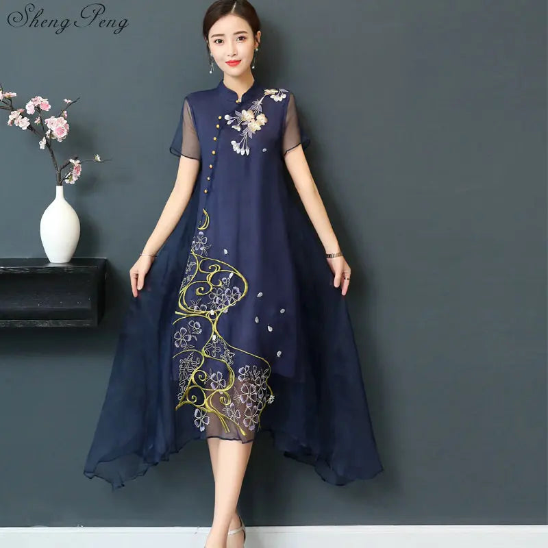 New Qipao Long Cheongsams Dress Chinese Traditional Dress Summer Flowers Vintage Dress Oriental Robes V922 - Seprincess