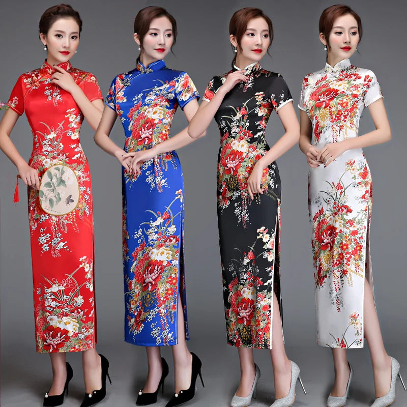 Old Shanghai Elegant Women Satin Qipao Slim 3/4 Sleeve Long Dress New Traditional Chinese Mandarin Collar Cheongsam Vestidos - Seprincess