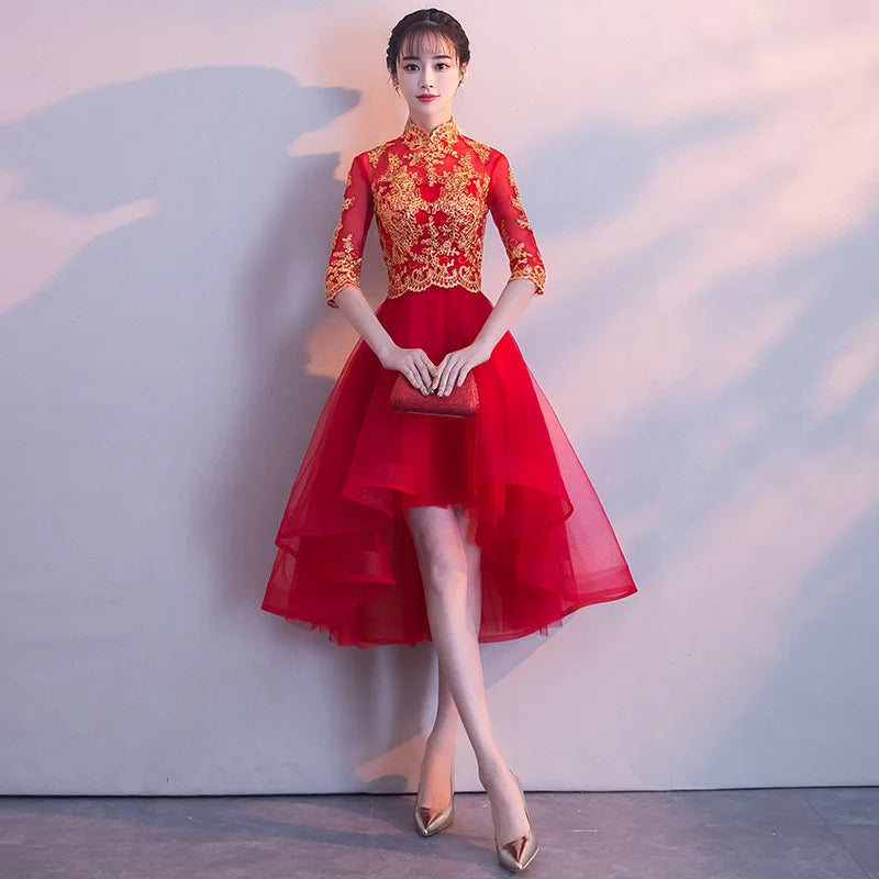 Novelty Chinese Female Long Qipao Marriage Clothes RED Oriental Bride Wedding Dress Elegant Slim Mandarin Collar Cheongsam - Seprincess