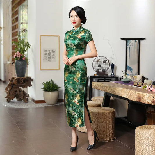 2021 New High Fashion Green Rayon Cheongsam Chinese Classic Women's Qipao Elegant Short Sleeve Novelty Long Dress S-3XL C0136-D - Seprincess