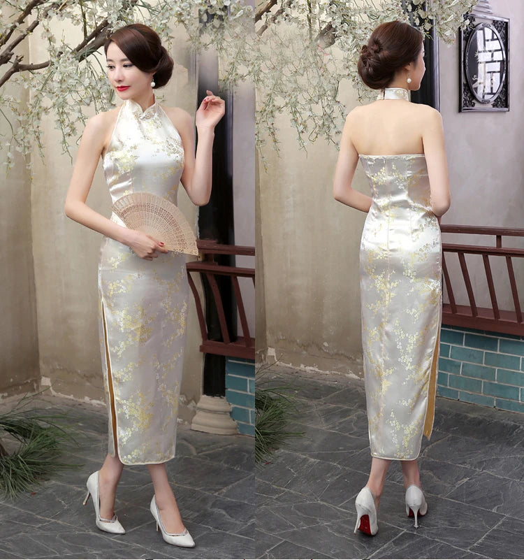 Navy Blue Vintage Lady Satin Evening Dress Chinese Novelty Backless Cheongsam Qipao Flower Size S M L XL XXL XXXL - Seprincess