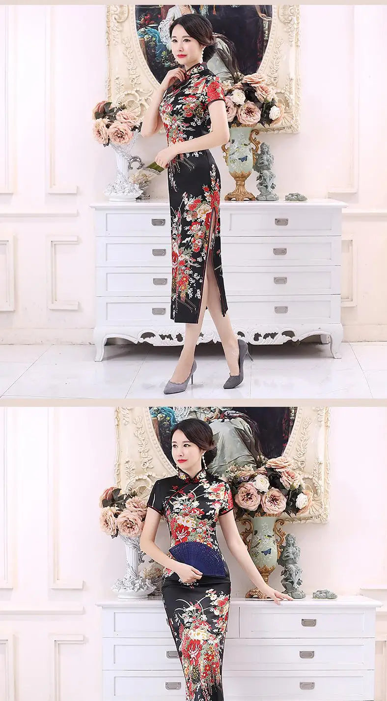 Plus Size 6XL Chinese Women Cheongsam Lady Qipao BLACK Print Flower Long Dress Bride Wedding Dresses Elegant Gown Vestidos - Seprincess